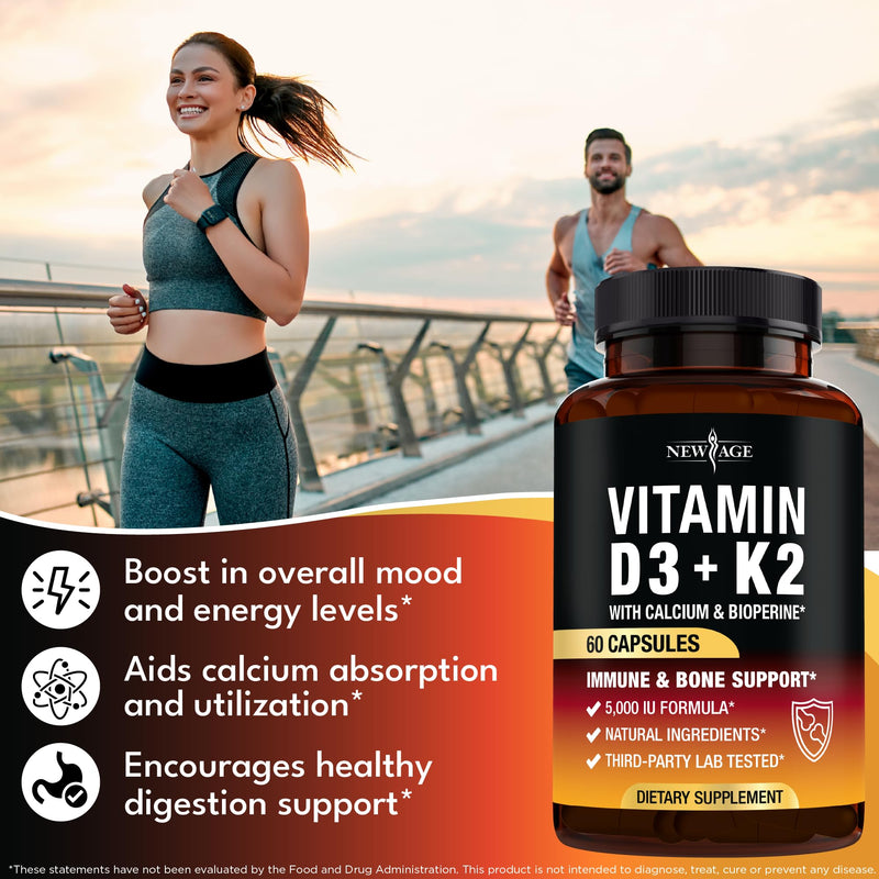 [Australia] - Vitamin D3 5,000 IU + K2 MK-7 100 mcg - 2-in-1 Bone, Immune & Heart Support, Easy to Swallow, Non-GMO - 120 Capsules 60 Count (Pack of 2) 