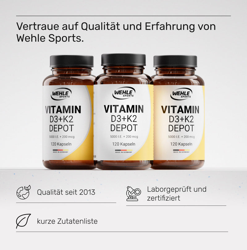 [Australia] - Vitamin D3 K2 Depot 120 capsules high dose 5,000 IU vitamin D3 + 200 µg vitamin K2 MK7 All Trans - Wehle Sports - without additives, made in Germany. 