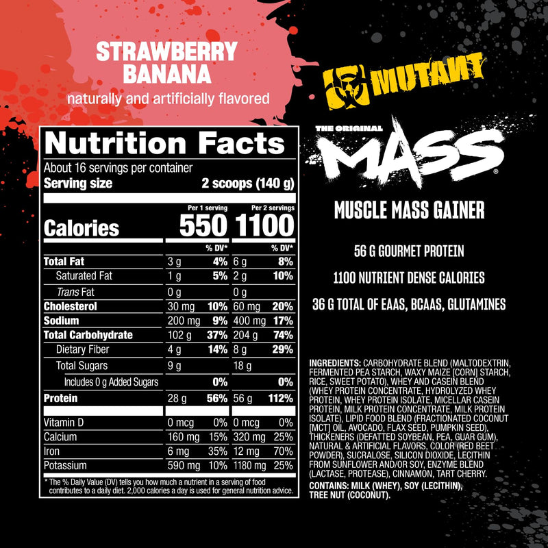 MUTANT Mass | Muscle Mass Gainer | 1100 Calories, 56g Protein, Whole Food Carbs, BCAAs, and Glutamine | Ultimate Hardcore Weight Gainer Shake | (2270g) | (Strawberry Banana)