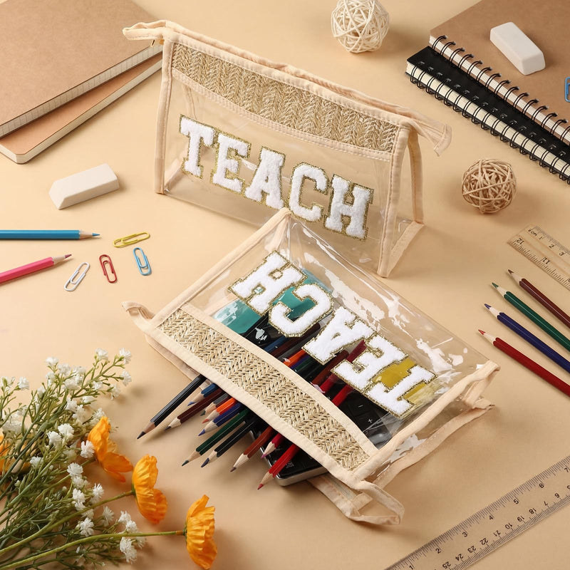 Kajaia 6 Pcs Teach Cosmetic Bags Teacher Appreciation Gift for Woman Boho Straw Clear Makeup Bag with Zipper Woven Toiletry Pouch Chenille Letter Patch Makeup Bag for Retirement Birthday Teacher Gift