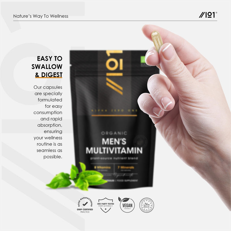 Organic Men's Multivitamins and Minerals - 100% Plant Based - 15 Organic Vitamins & Minerals – 60 Vegan Capsules – Resealable and Recyclable Pouch by Alpha01
