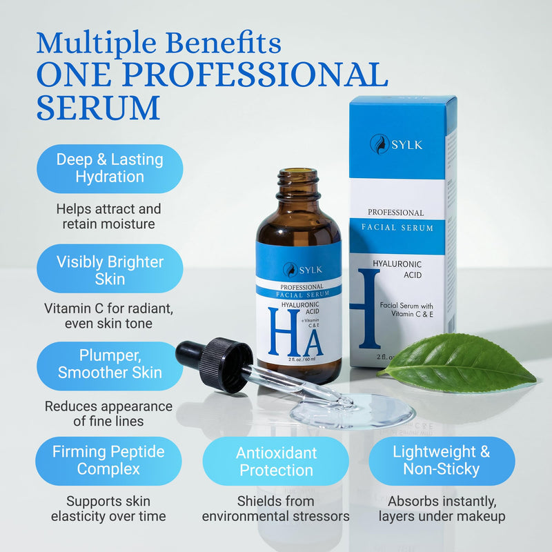 Sylk Hyaluronic Acid Serum for Face - Ultra Hydrating Anti Aging & Anti Wrinkle Serum with Vitamin C & E - Moisturizing & Plumping Formula for Smooth Skin - Microneedling - Korean Skincare - 2 fl oz