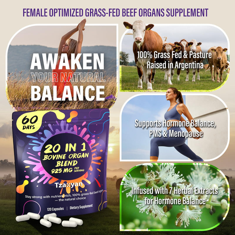 [Australia] - 20-In-1 Beef Organ Supplement for Women, 925MG Grass Fed Beef Liver, Uterus, Ovary & 3 more with Maca, DIM, Black Cohosh, Vitamin & Mineral, Bovine organ Capsules for Hormone Balance, Energy, 60 Days 120 Count (Pack of 1) 