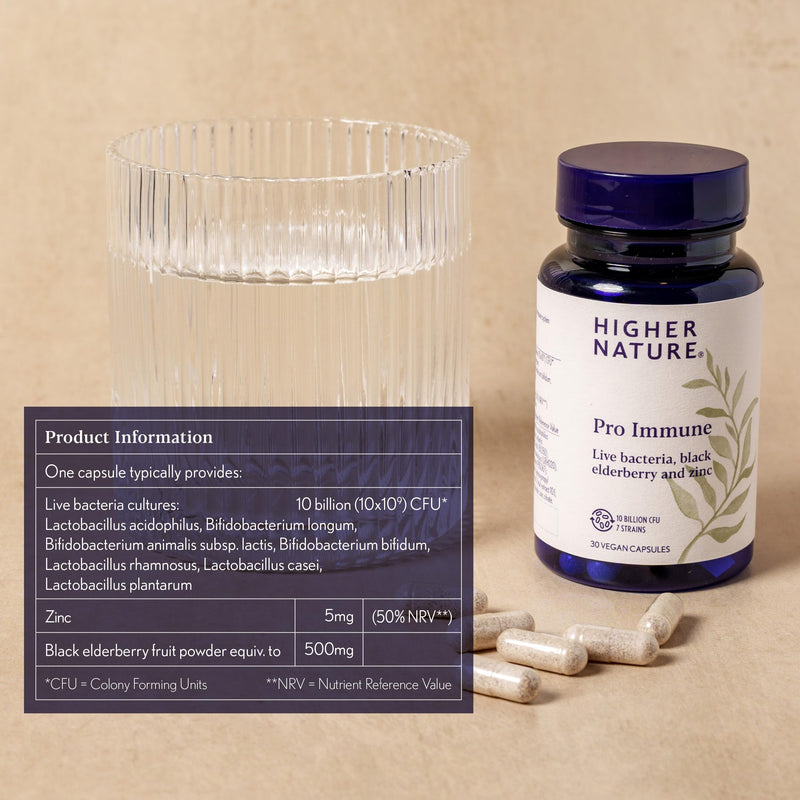 Higher Nature - Pro Immune - Triple Action Immune Support Probiotic - Live Bacteria, Black Elderberry and Zinc - 7 Bacteria Strains - 10 Billion CFUs - Vegan Probiotics - 30 Capsules