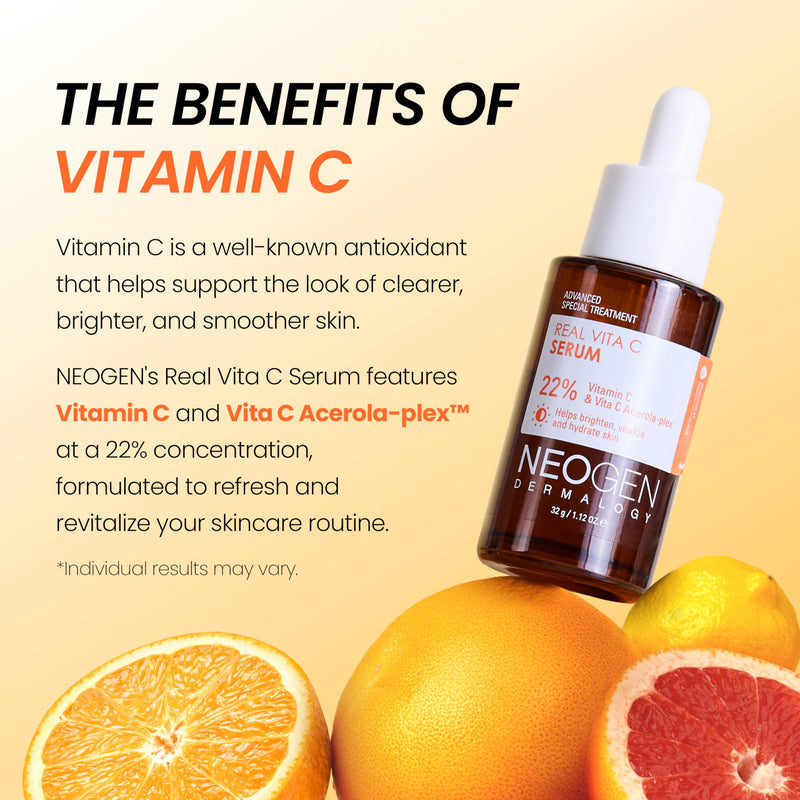 DERMALOGY by NEOGEN Real Vita C Serum - 22% Vitamin C Glow Serum with Ferulic Acid, Niacinamide & Zinc for Dark Spots, Uneven & Dull Skin, Korean Skin Care (32g/ 1.12 oz)