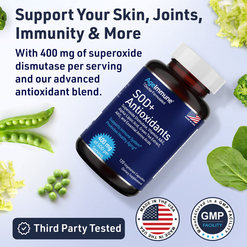 [Australia] - SOD Antioxidants Complex Healthy Aging Supplement - 400mg of Superoxide Dismutase - Alpha Lipoic Acid - Green Tea Extract - L-Arginine - Lysine - AKG - Vitamins A and E for Immune Support-120 Capsules 120 Count (Pack of 1) 