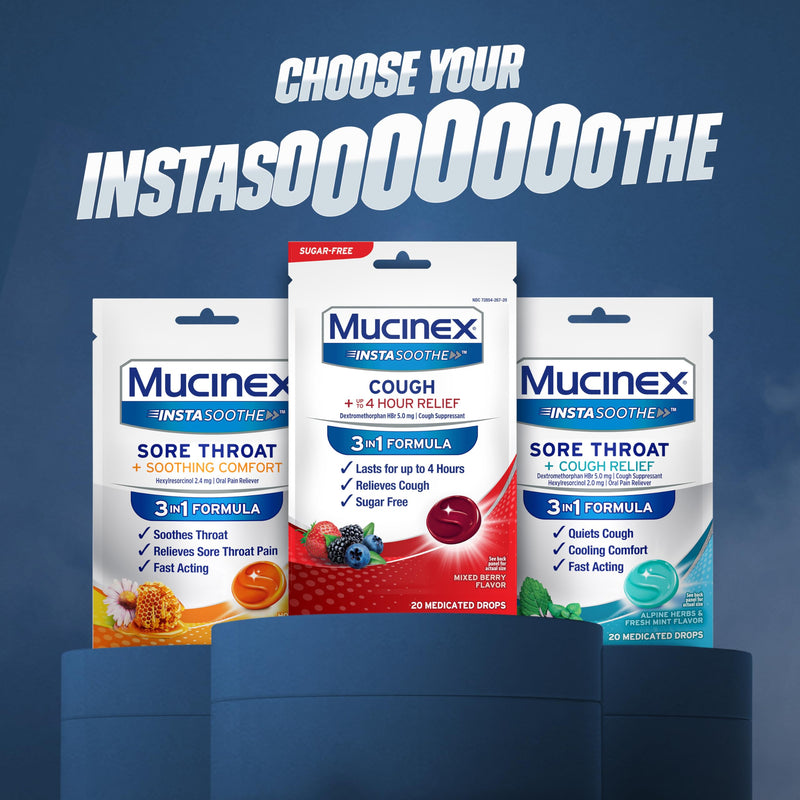[Australia] - Mucinex Instasoothe Sugar Free Cough Drops, Cough Medicine for Adults with Dextromethorphan HBr, Non Menthol Cough Drops, Cough Suppressant Lozenges, Mixed Berry Medicated Cough Drops, 40ct 