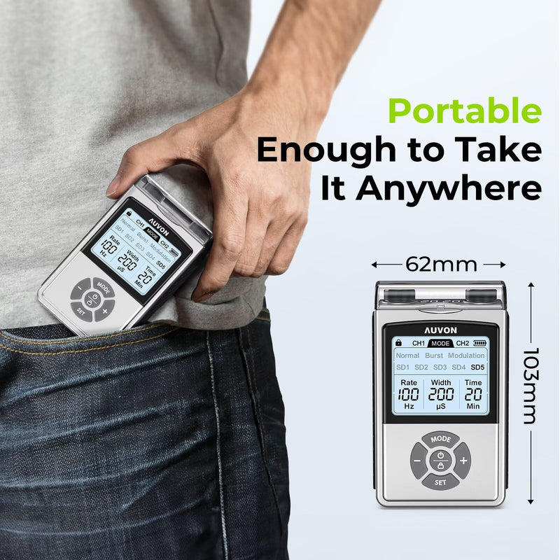 [Australia] - AUVON Rechargeable TENS Unit Muscle Stimulator for Back Pain Relief, 600 mAh Battery TENS Machine with 8 Customizable Modes, Stim Machine for Shoulder & Neck Pain Relief, Nerve Pain Relief, 4 Pads 