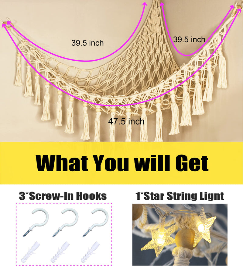 [Australia] - Stuffed Animal Toy Storage Hammock with LED Light - Macrame Jumbo Doll Corner Stuff Animals Organizer Decorations - Cute Hanging Plushie Net Kids Baby Nursery Bedroom Room Decor Beige L (39.5"*39.5"*48") 