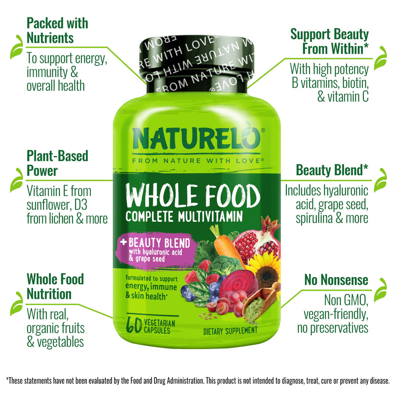 NATURELO Whole Food Multivitamin with Extra Hair, Skin & Nails Support - Beauty Blend with Hyaluronic Acid & Grape Seed - High Potency Biotin, Vitamin C, & Glutathione, 60 Vegan Capsules (Pack of 2) Unflavored 60 Count (Pack of 2)