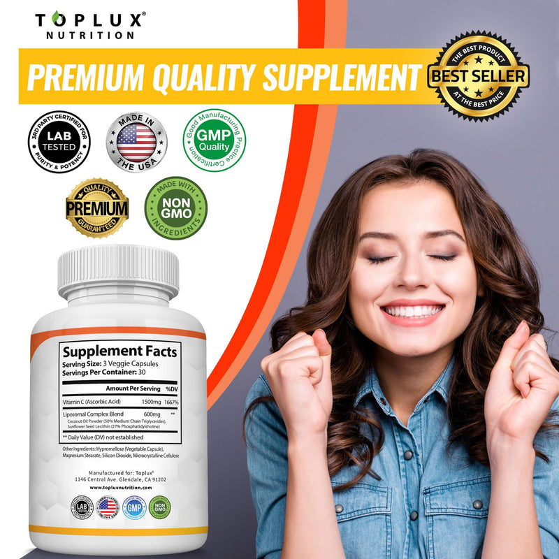 Liposomal Vitamin C 2100mg High Absorption Fat Soluble VIT C - Immune Support Collagen Booster Immunity Defense & Powerful Antioxidant, MCT Oil & Sunflower Lecithin, Acsorbic Acid, Vegan Non-GMO V3
