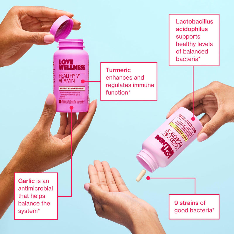 Love Wellness Good Girl Probiotics & Healthy V Vitamin | Women's Duo Pack | 2-Product Wellness Bundle dietary supplement, 9-strain probiotics, Turmeric, Garlic, Coconut oil, 30-days supply, Gluten-free Womens Wellness Duo