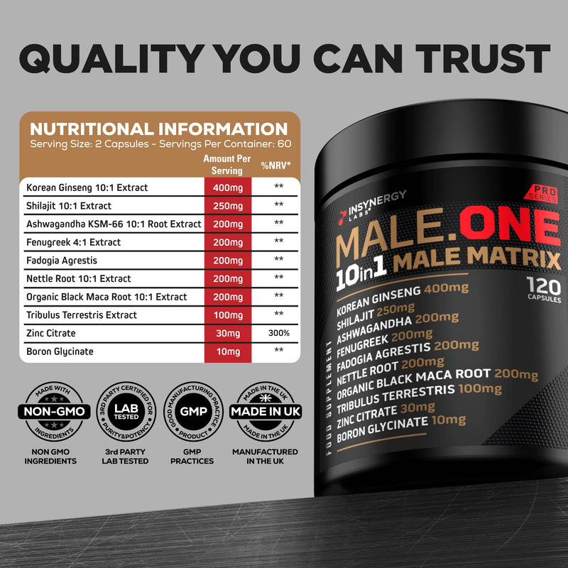 Male One 10 in 1 Male Matrix Supplement for Men, Ashwagandha, Maca, Fenugreek, Muscle Growth, Energy, Drive, Strength, Recovery (2 Month Supply)