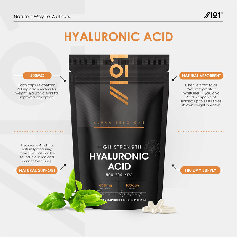 Hyaluronic Acid Supplement 600mg (500-700 KDA) - 180 Vegan Triple Strength Hyaluronic Acid Capsules - 6 Month Supply - Natural Skin, Hair & Joint Supplement for Women & Men - Superior Absorption 1 count (Pack of 180)