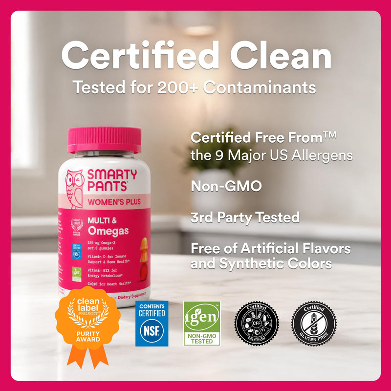 SmartyPants Women's Multivitamin Gummies, Omega 3 DHA/EPA, Methylfolate, CoQ10, Vitamin D3, C, B12, B6, A, K, Zinc, Three Fruit Flavors, 90 Count (30 Day Supply) Multi + Omega - 30 Day Supply