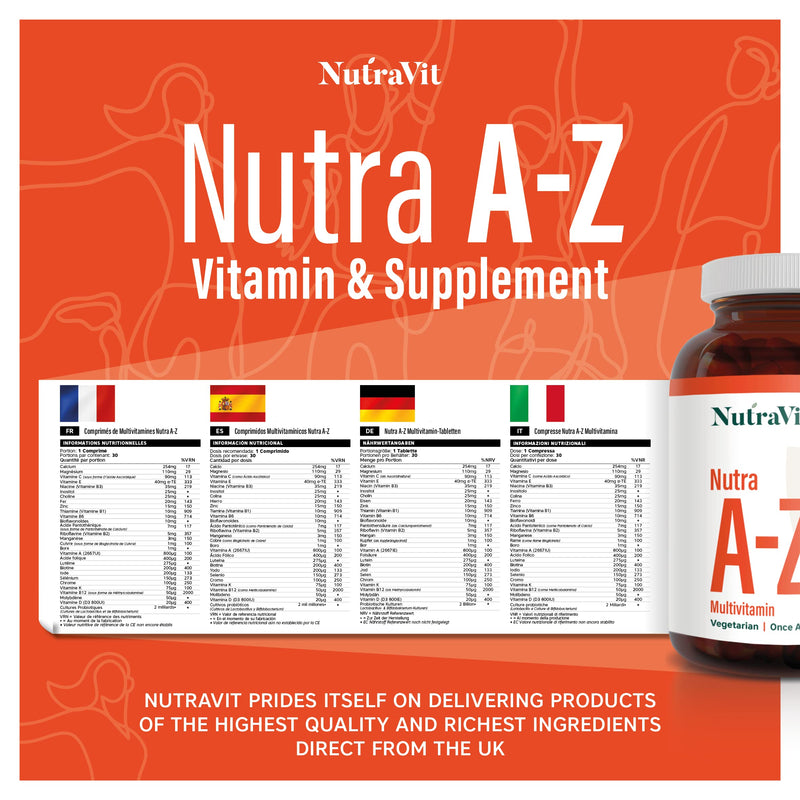 Nutra A-Z| Vegetarian Multivitamins & Minerals - 30 Tablets| 27 Nutrients Including probiotics| Men & Woman Multivitamins - by NutraVit