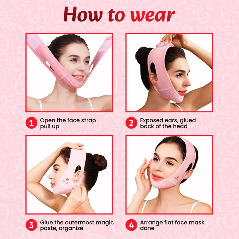 V Line Face Lifting Strap with 6 Korean Dewy Glow Masks – Reusable Chin Strap for Jawline Support, Face Slimming, Skin Care Tool for Women, Facial Firming Band, Beauty Mask Set