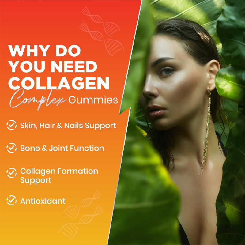 Collagen Complex 500mg - 90 Chewable Gummies | Collagen Gummies with Biotin, Vitamin C & E | Supports Hair, Skin & Nails for Women & Men | Gluten Free, Non-GMO | Natural Orange Flavour