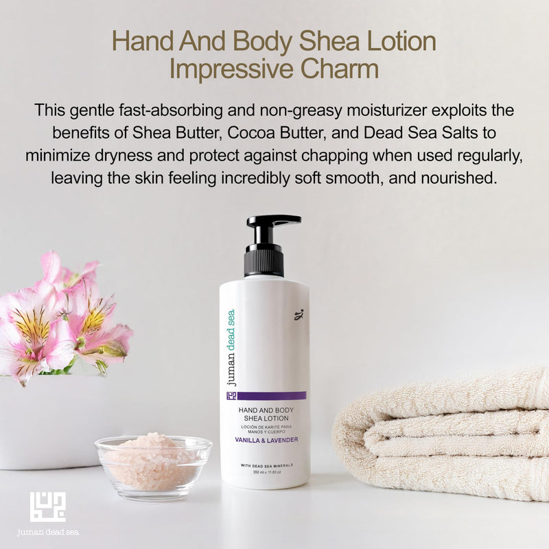 JUMAN Dead Sea Minerals Vanilla & Lavender Body Butter Lotion | Infused with & Vitamin E | Fast Absorbing Lavender Lotion | Vegan Moisturizer for All Skin Types | SLS & Paraben Free | 11.8 OZ