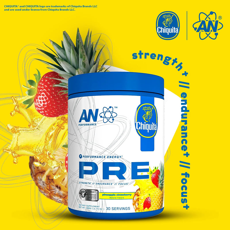 AN Performance Pre-Workout Powder Supplement for Men & Women | Energy Drink Mix with 300mg Caffeine + Beta Alanine + Citrulline | Third-Party Tested | Strawberry Pineapple | 30 Servings Chiquita Strawberry Pineapple (With Caffeine)