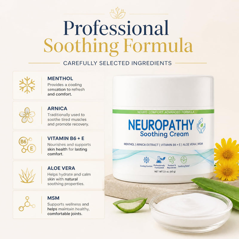 Neuropathy Soothing Cream - Nerve Relief Cream with Menthol, Arnica Extract, Vitamin B6 & E, Aloe Vera, MSM for Feet, Hands, Legs, 2.1 oz