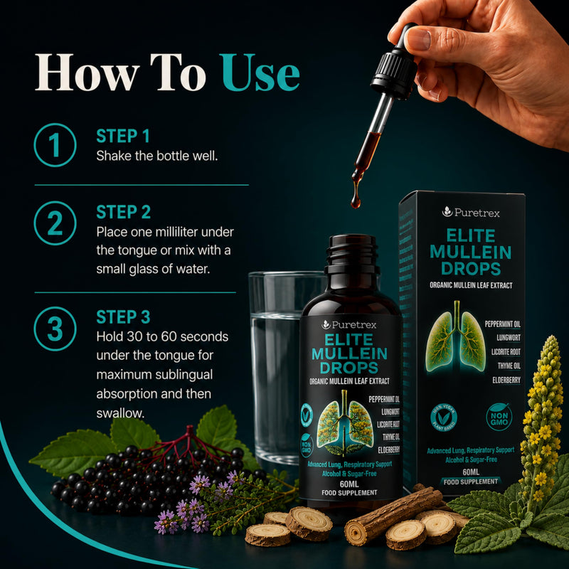 PURETREX Elite Mullein Drops Vegan Supplement 60ml – Made in UK Organic Mullein Leaf Extract, Lung & Respiratory Support Liquid with Elderberry Peppermint Thyme for Breathing Immunity & Wellness