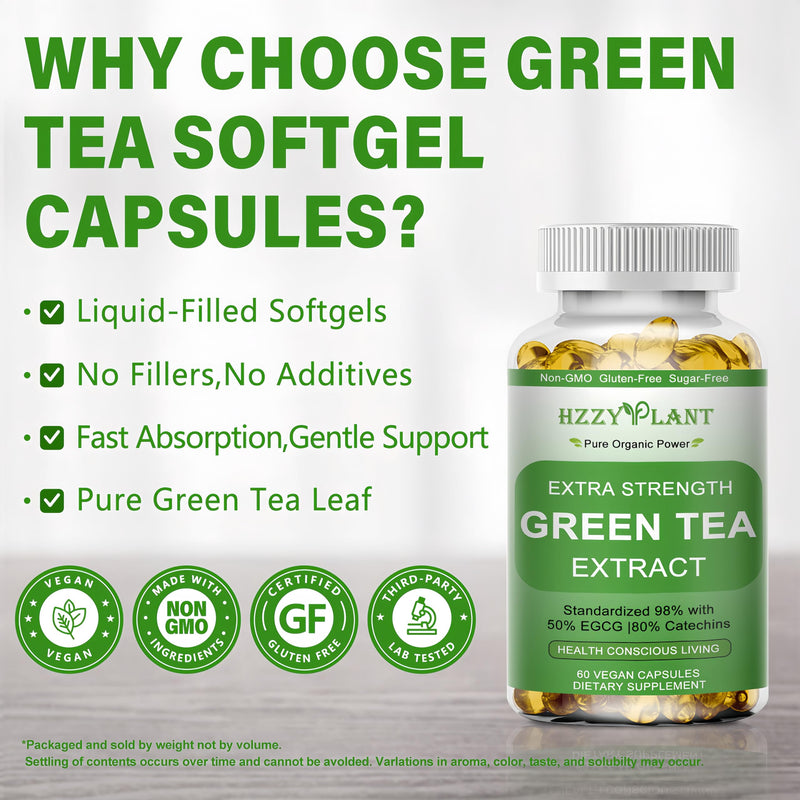 [Australia] - Green Tea Extract Softgels, High Absorption Green Tea Softgel Capsules for Energy Metabolism Antioxidant Immune Skin Heart Support, Herbal Supplement 50% EGCG for Men & Women,Non-GMO,2 Month Supply 