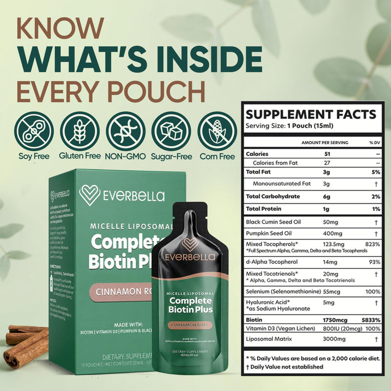 Complete Biotin Plus Liposomal Liquid Pouches with Pumpkin Seed Oil, Black Cummin Seed Oil & Vitamin D3 | Supports Nail, Skin & Hair Growth | Cinnamon Roll Flavor | 15-Day Supply