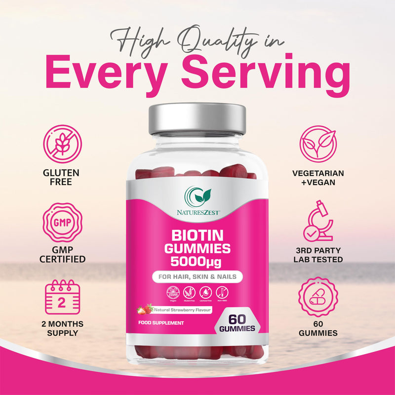 Biotin Gummies 5000µg - 60 Strawberry Gummies - High Strength Biotin Supplements (Vitamin B7) | Hair, Skin & Nails Support for Women & Men | Vegan, Non GMO, UK Made - By NATURES ZEST