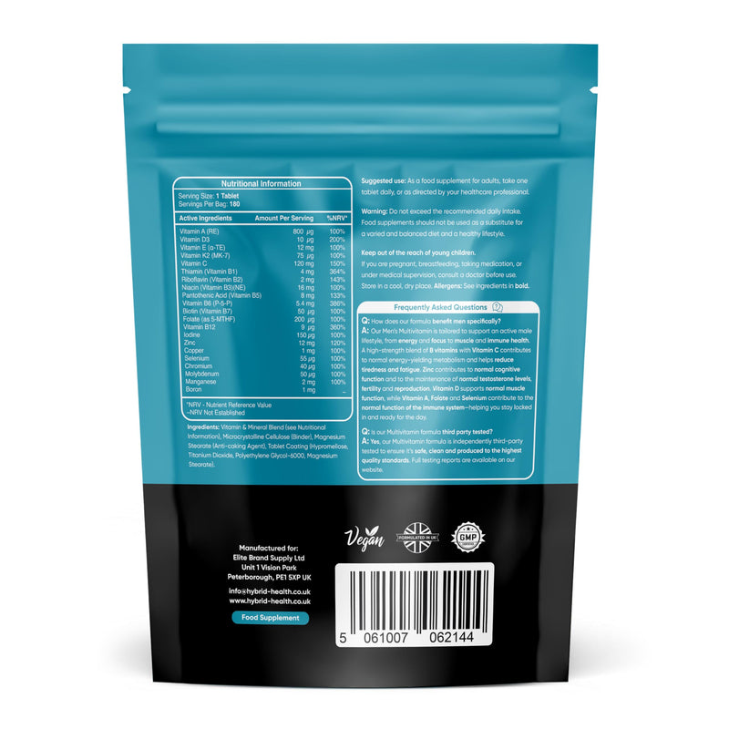 Hybrid Health Multivitamin for Men - 180 Vegan Tablets, 20+ Essential Active Vitamins and Minerals Including Vitamin C, Vitamin D, Vitamin K and Full Vitamin B-Complex, 180 Servings, 6 Months Supply