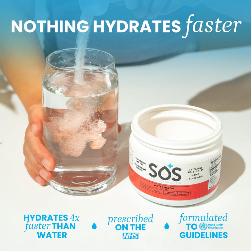 SOS Hydrating Electrolyte Powder (Watermelon Flavour - 24 Servings) Best Fast Acting, Low Calorie Rehydration Sports Drink