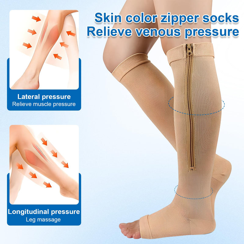[Australia] - Naapesi 2 Pairs Zip Compression Socks, Zip Compression Socks, Calf Height, Open Toe Support Stockings for Varicose Veins, Edema, Recovery, Pregnant 
