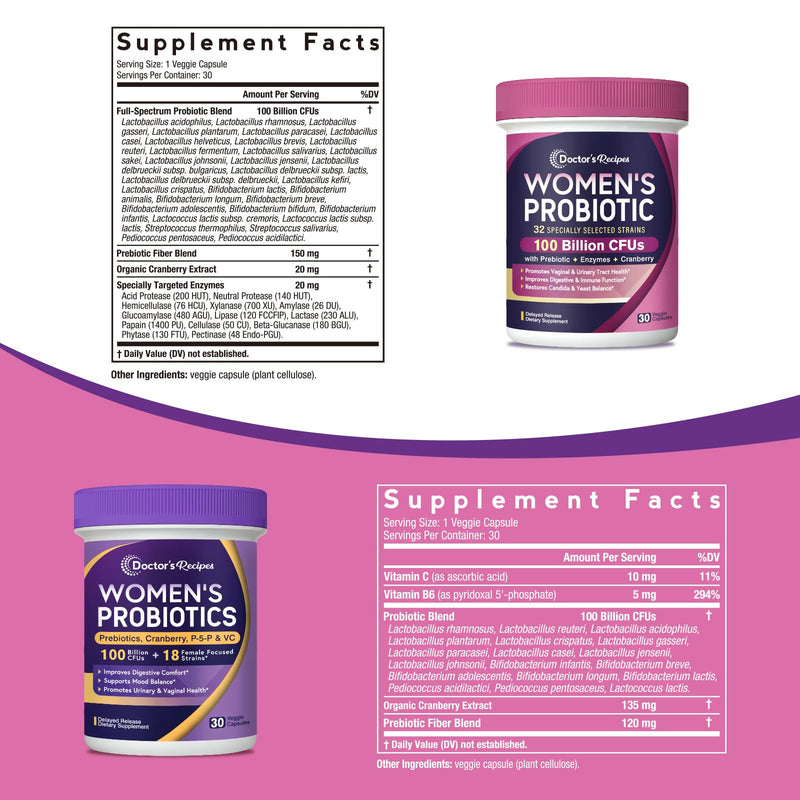 Doctor's Recipes Women’s Probiotics 100 Billion CFU Bundle, Vitamin B6 P5P, Cranberry, Digestion, Vaginal, Mood, Immune, Shelf Stable, Delayed Release