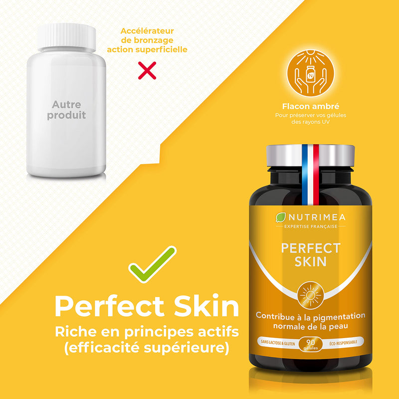 Perfect Skin Capsules - Beta Carotene, Lycopene, Copper and Vitamin E Formula - 60 Vegan Capsules - Gluten Free & GMO-Free - French Expertise - Nutrimea Perfect Skin Support