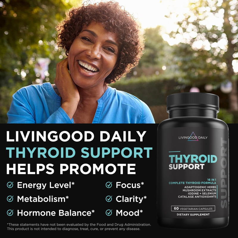 [Australia] - Livingood Daily Thyroid Support for Women & Men, 60 Vegetarian Capsules - Adaptogenic Herbs, Selenium & Iodine Supplement (from Kelp & Fronds) Support Metabolism, Hormone Balance, Mood, Thyroid Health 