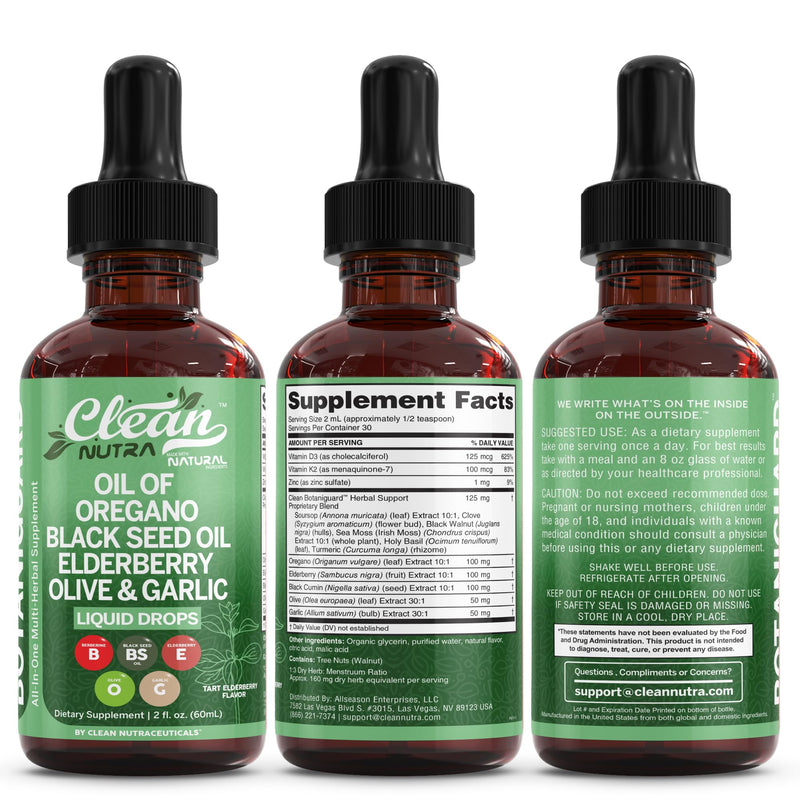 [Australia] - Clean Nutra Oil of Oregano Drops Black Seed Oil Elderberry Vitamin D D3 K2 Olive Garlic Immune Support Supplement Wellness Formula Zinc Supplements Liquid 2 Fl Oz BotaniGuard Vegan, Non-GMO 