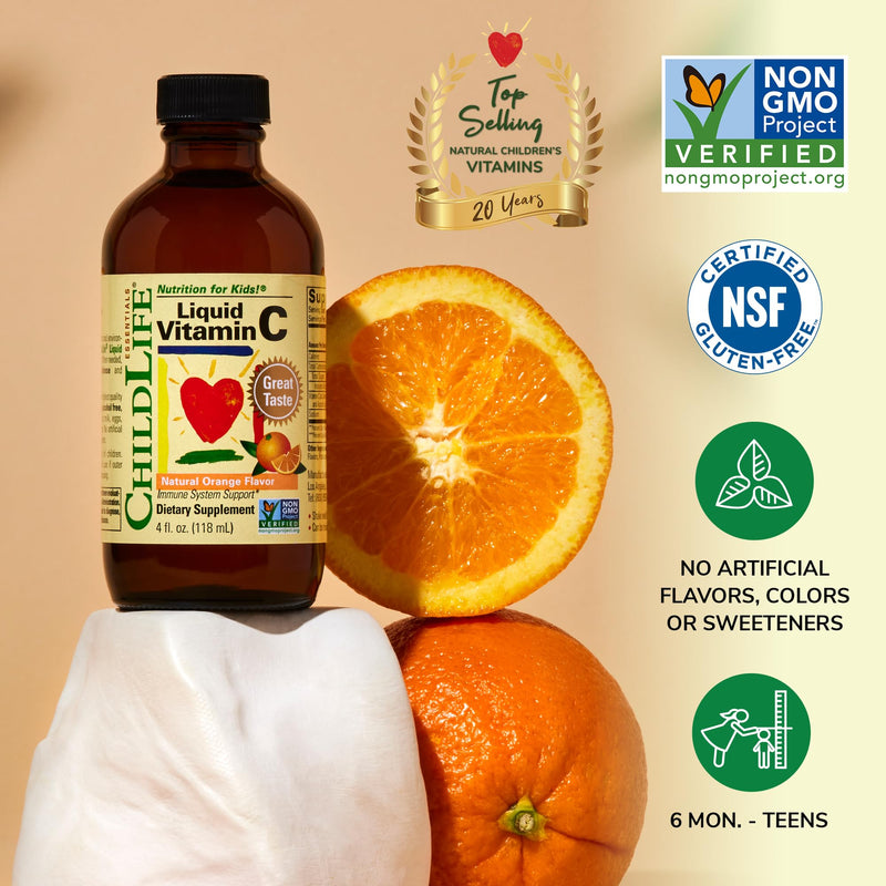CHILDLIFE ESSENTIALS Liquid Vitamin C Low Sugar Kids, 4 Fl Oz (Pack of 3) | Pure Vitamin C Liquid Supplement, Toddlers, Babies, Immune System Support, Natural Orange Flavor, Kids, Low Sugar 4 Fl Oz (Pack of 3)