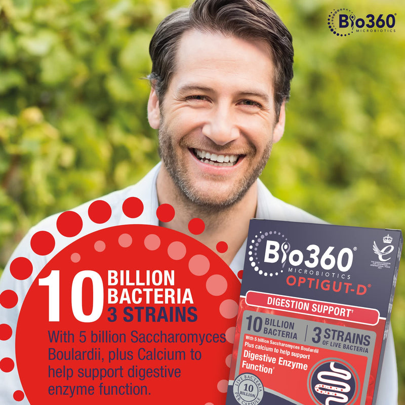 Natures Aid Bio360 OptiGUT-D Probiotic 10 Billion Live Bacteria - High Strength Vegan Digestive Gut Health Support - Gut Health Supplement for Adults & Kids - Gluten Free, Non-GMO - 30 Capsules | Digestion Support Bio360 OptiGUT-D 30 Capsules