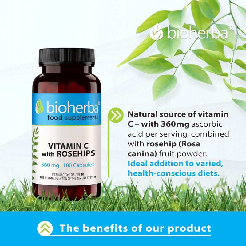 Vitamin C 360 mg with Rosehip – 100 Capsules | Natural Source of Vitamin C from Rosa canina Fruit | Ideal for Daily Wellness & Balanced Nutrition – by BIOHERBA 100 pcs