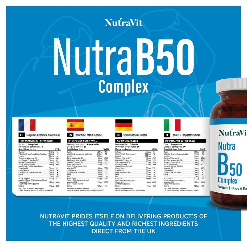 Nutra B50 Complex High Strength | Vegan 30 Tablets| Multivitamin Tablets - Folic Acid, Vitamin B, Vitamin C| Reduce Tiredness & Fatigue Whilst Supporting Your Immunce System - by NutraVit