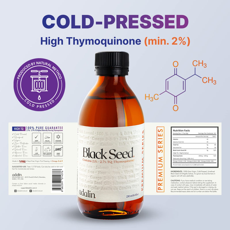 [Australia] - ADALIN Black Seed Oil Liquid 8.4 fl oz | Nigella Sativa Seed Oil | High Thymoquinone | Cold Pressed | Glass Bottle | Blackseed | Vegan | Gluten Free 2 Piece Set 