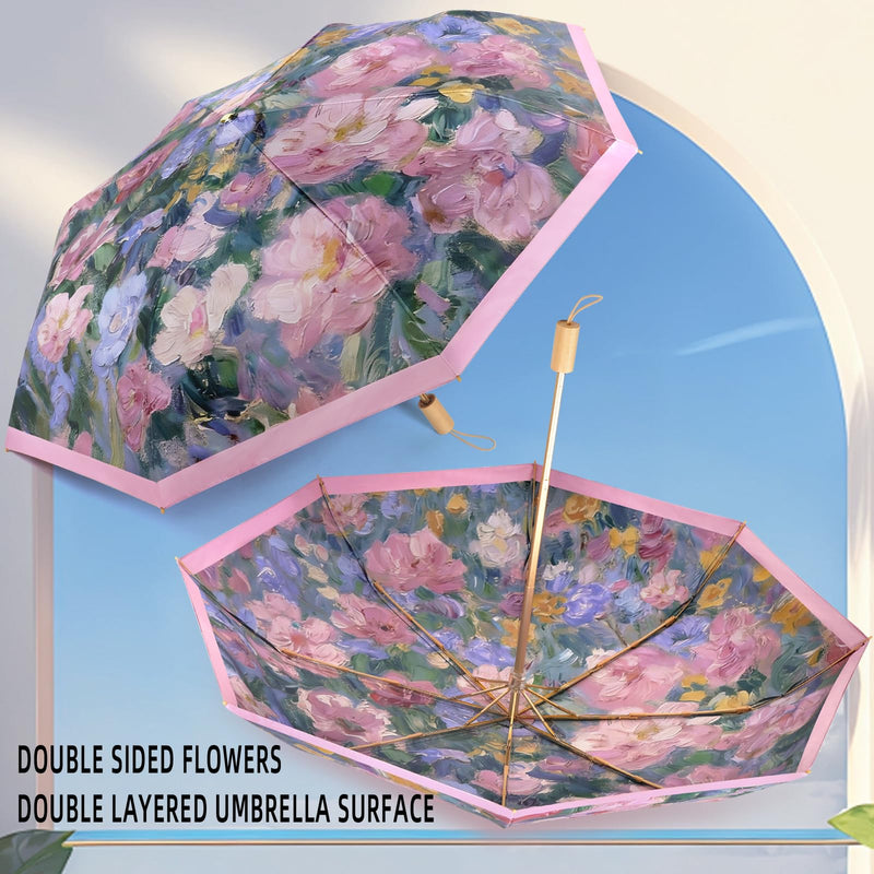 Elegant Double Layer Classical Floral Oil Painting Folding Umbrella for Women Windproof Rain & Sun UV Protection Parasol with Cover Blush of the Rose Briar