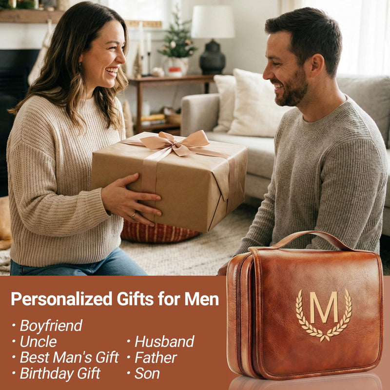 OXYEFEI Personalized Hanging Travel Toiletry Bag Gift for Men,Engraved Initial PU Leather Mens Large Toiletry Travel Essential Organizer Dopp Kit Shaving Bag for Him Birthday (M, Light Brown) M