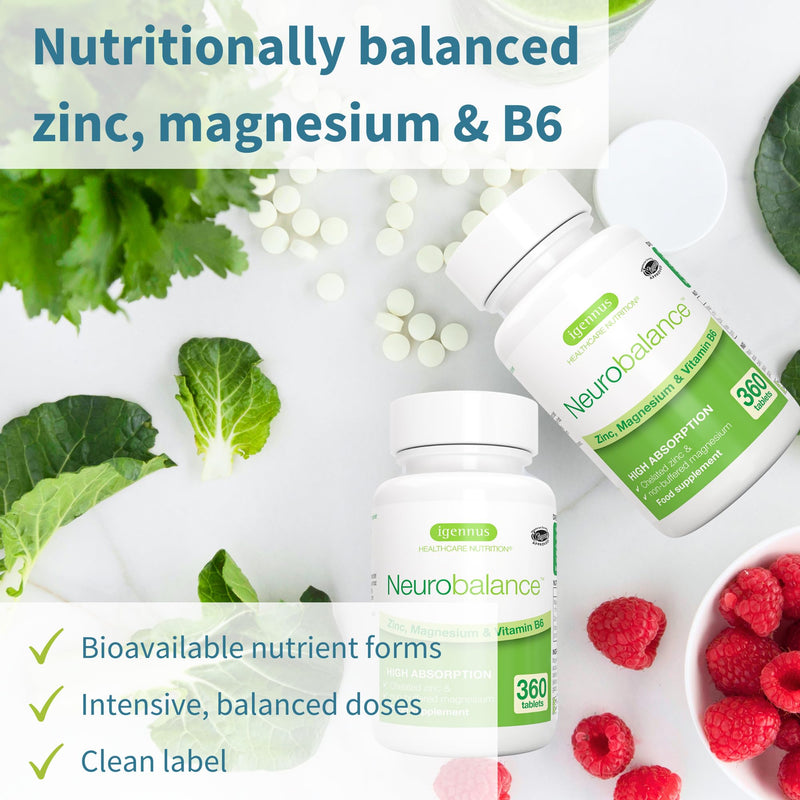 Igennus Neurobalance High Strength Zinc Magnesium & B6 Complex for Cognitive Support, Calm Focus & Relaxation, 360 Small Tablets, Chelated Zinc & Gentle Higly Absorbable Fully Reacted Magnesium 360 count (Pack of 1)