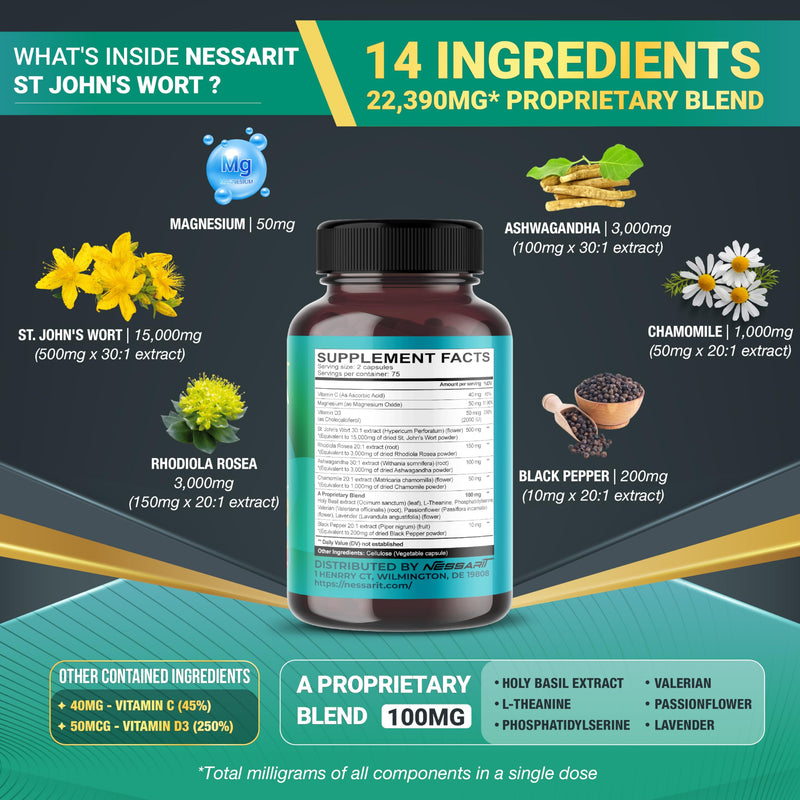 [Australia] - ST JOHN'S WORT 15,000mg 14-in-1 Natural Blend with Rhodiola Ashwagandha Chamomile Holy Basil L-Theanine Valerian Passionflower - 150 count - Made & Tested in The USA 150 count (pack of 1) 