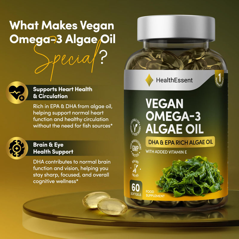 HealthEssent Omega 3 Vegan Complex - Algae Oil Omega 3 with EPA DHA and Vitamin E, 1000mg Algae Based Fatty Acids Supplements for Heart, Brain and Joint Health, Non-GMO & Halal – 60 Softgels