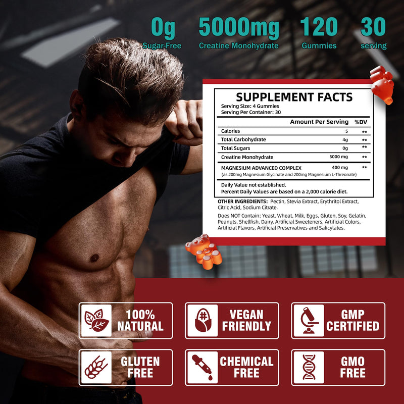 [Australia] - Creatine Monohydrate Gummies 5 g for Men & Women, 120 Sugar Free Gummies with 200 Mg Magnesium Glycinate, 200 Mg L-Threonate for Muscle Support, Energy Boost 120 Count (Pack of 1) 