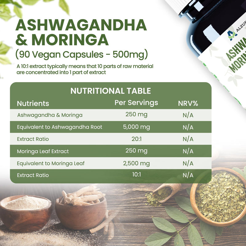 Ashwagandha & Moringa 7,500mg Equivalent | High Strength 20:1 & 10:1 Extracts | 500mg Daily | 90 Vegan Capsules | Calm, Energy & Everyday Wellbeing | GMP & 3rd Party Lab Tested