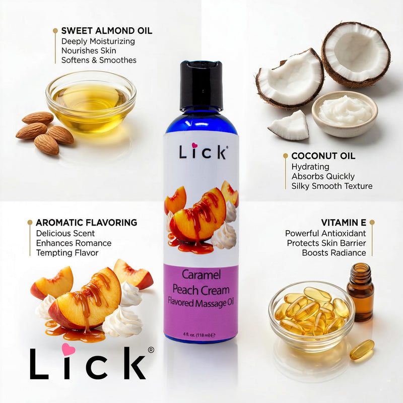 Caramel Peach Cream Flavored Massage Oil – Tropical Edible Massage Oil with Sweet Almond Oil & Vitamin E, Hydrating Body-Safe Formula for Relaxing Couples Massage, 4 oz