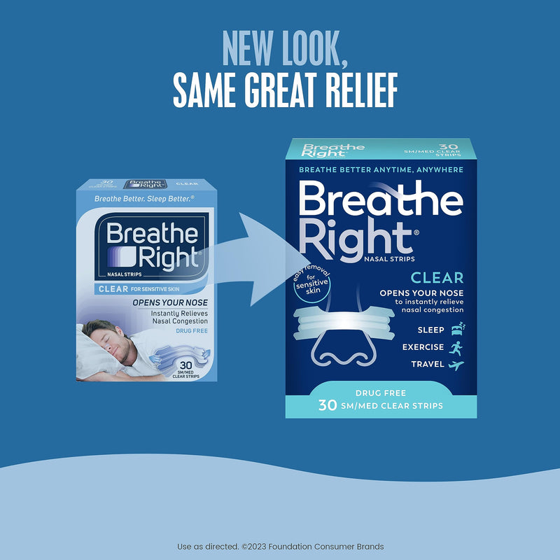 [Australia] - Breathe Right Original Nasal Strips | Clear | Sm/Med | For Sensitive Skin| Drug-Free Snoring Solution & Nasal Congestion Relief Caused by Colds & Allergies | 30 ct (Packaging May Vary) Pack of 1 